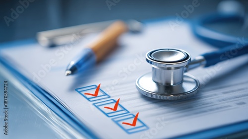 Doctor's stethoscope and checklist on a clipboard with a pen, symbolizing medical care