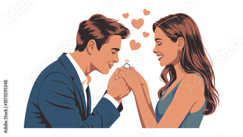 Cherished Proposal: A tender moment captured as a gentleman kneels, kissing a lady's hand, while offering a ring and the promise of forever, set against a backdrop of floating hearts.