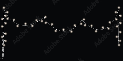 Christmas lights isolated. Glowing garlands on transparent dark background. Realistic luminous elements. Bright light bulbs for poster, card, brochure or web. Vector illustration