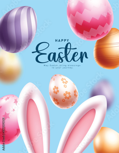 Happy Easter greeting card clipart poster design. Happy Easter greeting and wishes text with colorful printed and pattern Easter egg and bunny ears decoration elements clip art in blue background for 