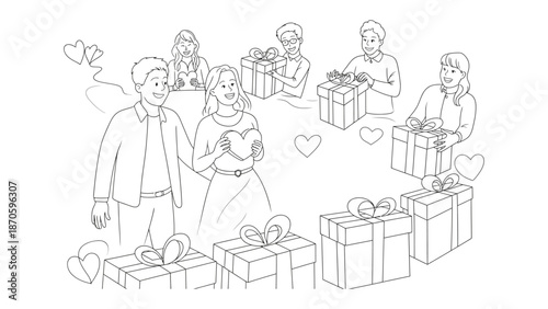 Love and Gifts: A moment of love and generosity is captured, with a couple at the heart of the scene, surrounded by others, each holding or interacting with gifts.
