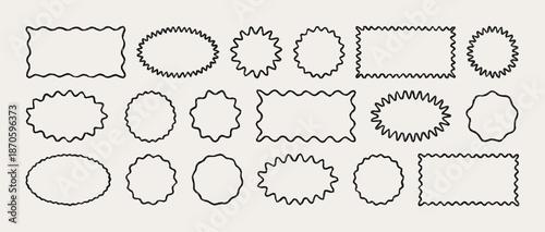 Crayon Outline Wavy Stamp Oval, Circle, Rectangle Stickers Set. Vector Hand Drawn Pencil Jagged Geometric Shapes in Retro Style. Doodle Abstract Elements for Template, Promo and Web Design