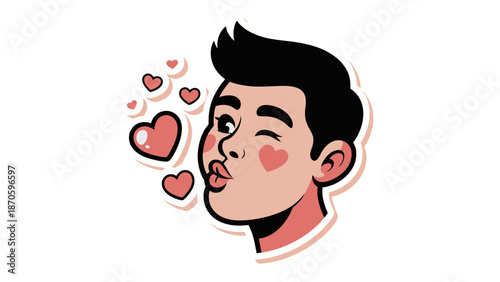A Playful Wink and Kisses of Love: An illustrated young man blows kisses amidst hearts, perfect for expressing affection or adding a touch of romance to any visual media.