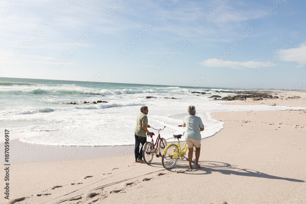 Obraz premium Full length rear view of multiracial senior couple with bikes on shore at beach during sunny day