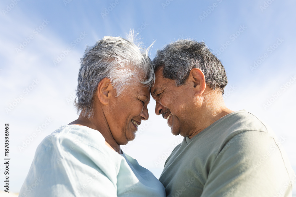 Fototapeta premium Side view of smiling senior multiracial couple touching forehead at beach during sunny day