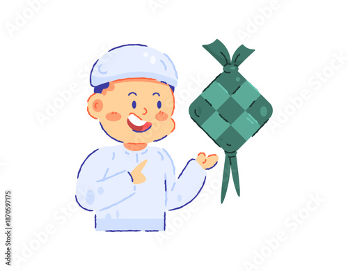 Illustration of a boy with a large ketupat. Food to celebrate Ramadan, Eid al-Fitr, Eid al-Adha. Wearing a koko shirt and kopia. Muslim character, funny, cute, and adorable. Flat outline crayon style 