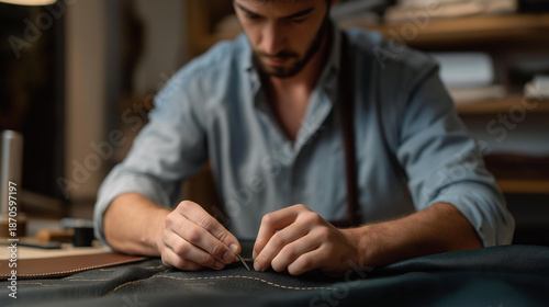 Artisan punching stitching holes in leather using a pricking iron and mallet, frozen motion highlighting traditional manual techniques. cinematic color correction, natural uneven lighting yet