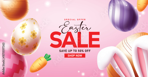 Easter Sale clipart banner design. Easter Sale special offer shopping discount clip art with colorful easter egg for holiday season clearance voucher poster card template vector illustration.
