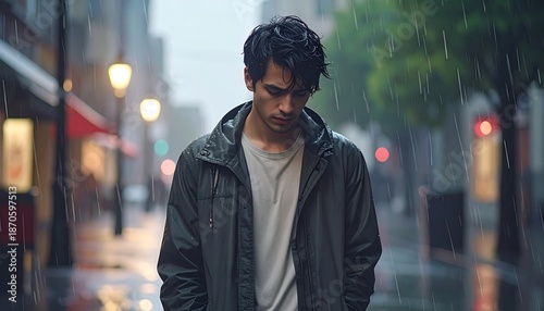 Man in raincoat walks down street in the rain, looking somber