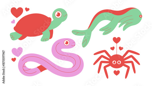 Whimsical Animals: An array of adorable and colorful creatures, featuring a turtle, snake, and spider with hearts, evoking feelings of love, sweetness, and fun. 