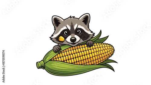 Cute Cartoon Raccoon Eating Corn on the Cob on White Background.jpg