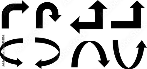 A collection of black curved and directional arrow icons in flat vector style. Minimal, clean, and bold arrow symbols suitable for UI design, navigation elements, infographics, diagrams,modern graphic