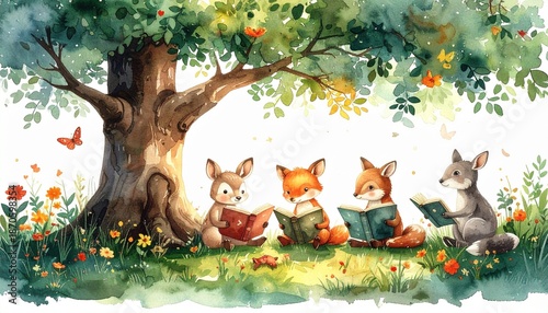 Watercolor illustration of animals reading books together under a tree