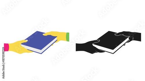 Hands exchanging a book depicted in color and monochrome styles