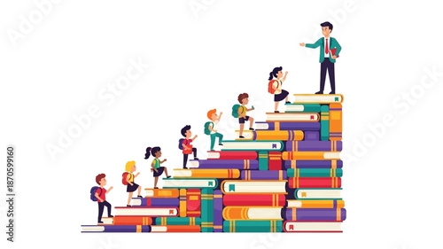 Students climbing a staircase built of books with a teacher at the top