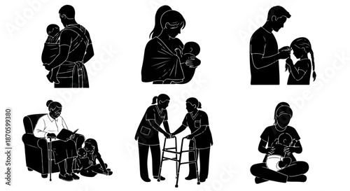 Family Care and Parenting Vector Set – Parenthood, Nursing, Elder Care, and Generational Support Silhouettes Illustration Collection