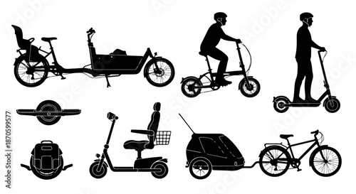 Urban Transport Vector Set – Electric Scooter, Bicycle, Cargo Bike, Hoverboard, and Mobility Devices Silhouette Collection