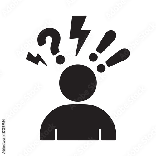 Confused person with question marks and exclamation points