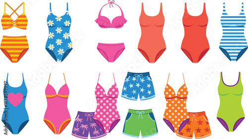 Collection of luxury women undergarments featuring lace bras high waisted floral panties and elegant blue one piece swimsuit for fashion boutique retail design