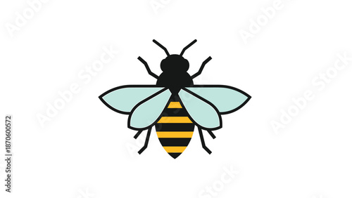 Detailed illustration of a bee with wings and striped abdomen, isolated.