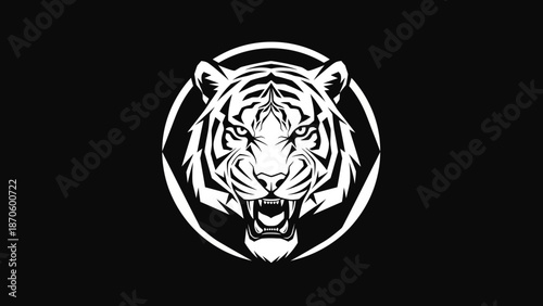 Powerful Tiger Head Graphic in Black and White with Aggressive Expression