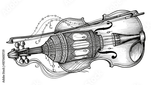 Elegant artistic drawing of a violin with an arabian lantern incorporated as a design element
