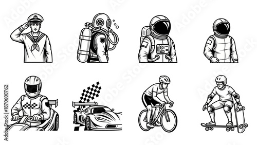 Diverse monochrome vector illustrations featuring various professions and sports characters