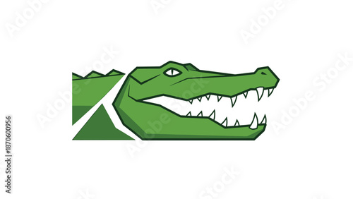 Green alligator head illustration with sharp teeth and open mouth, side view.