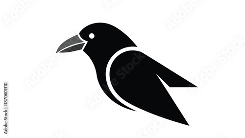 Minimalist black raven illustration with a gray beak and white background, perfect for design.