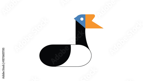 Geometric duck illustration with black, white, blue, and orange shapes on white background.