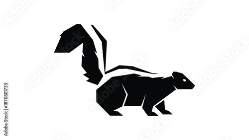 Striking black and white skunk illustration, showcasing its distinctive markings and posture, isolated on white.