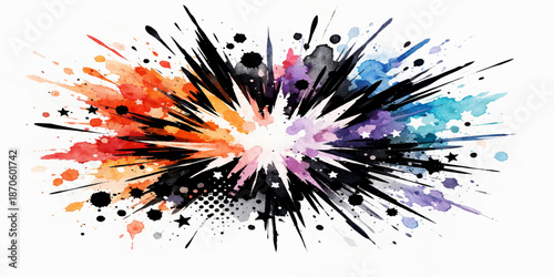 Abstract colorful background with vibrant watercolor splashes and ink splat design elements featuring a grunge paint texture and artistic liquid drops on a decorative black vector pattern