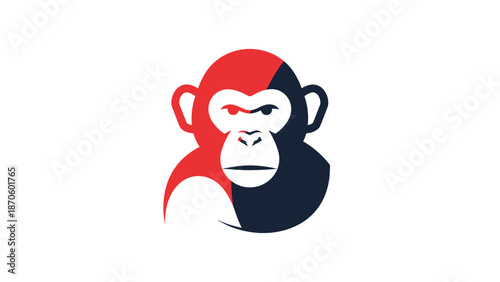 Monkey face logo design with red and dark blue colors, creative animal illustration.