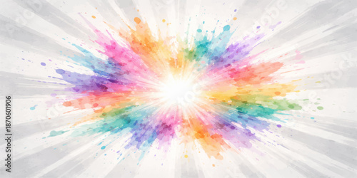 A psychedelic digital illustration features a bright rainbow burst of colorful stars and swirling fractal patterns against an abstract pink and blue vector wallpaper backdrop