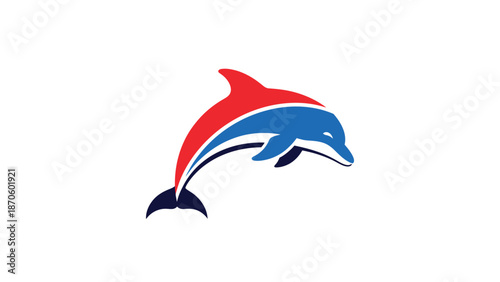 Dynamic dolphin logo design with vibrant red and blue colors, swimming gracefully.