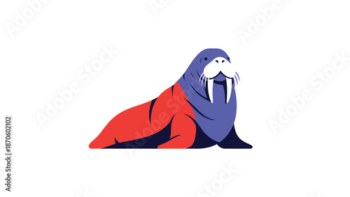 Vibrant illustration of a cartoon walrus with impressive tusks and whiskers, isolated on white background.