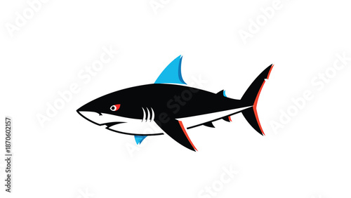 Striking illustration of a sleek black shark with vibrant blue and red accents, a captivating design.