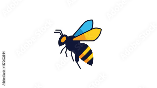 Vibrant illustration of a flying bee with yellow and blue wings, isolated on white background.