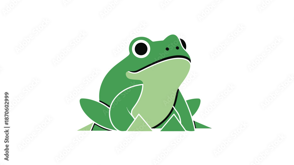 Fototapeta premium Green frog illustration sitting upright with big eyes and detailed features.