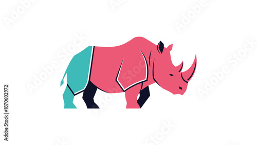 Pink rhinoceros illustration with blue and black details, walking on white background.