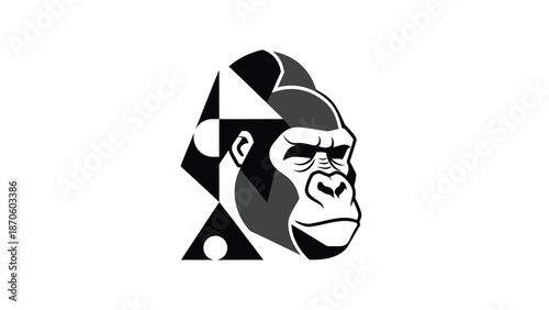Geometric gorilla head illustration with a stern expression and detailed features.