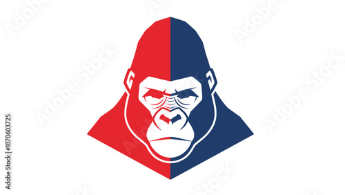 Intense gorilla face logo design with red and blue color scheme.
