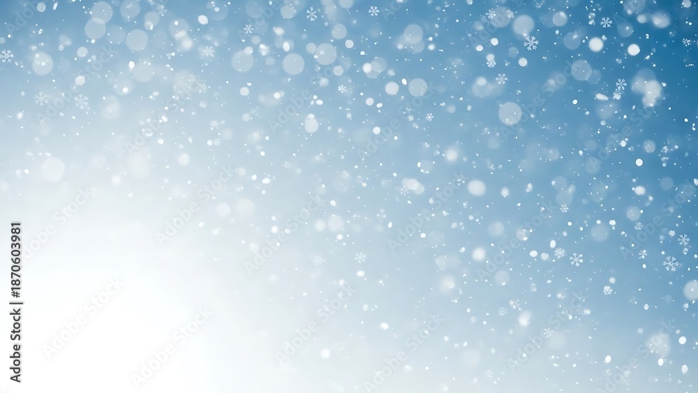 Fototapeta premium Snow falling on blue background with white light snowflakes falling snow