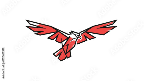 Red falcon soaring with wings spread wide in geometric design.