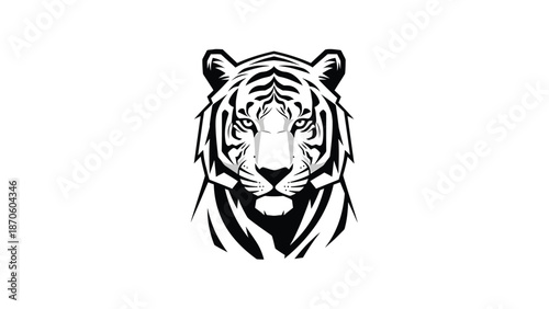 Intense tiger portrait showcasing detailed stripes and focused gaze, monochrome artwork.