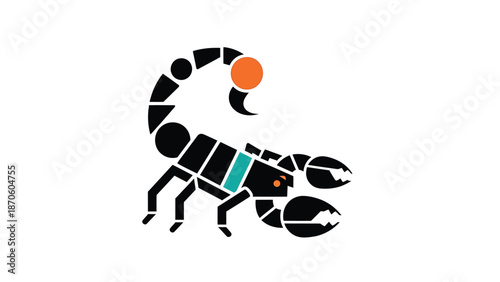 Stylized scorpion illustration with geometric shapes and vibrant colors, perfect for design.