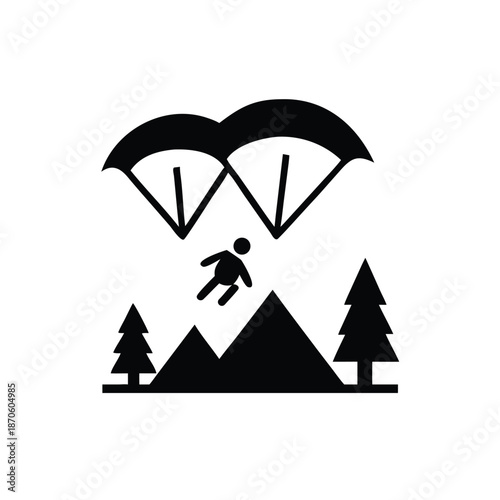 Skydiver Descending Over Alpine Mountain Landscape