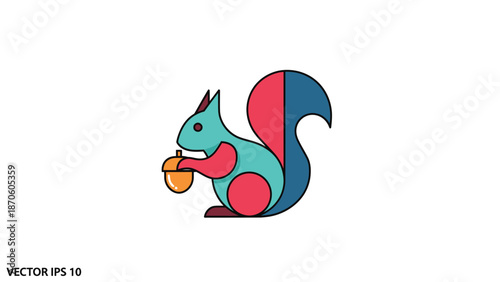 Stylized squirrel illustration holding acorn, vibrant colors, minimalist design, perfect logo.
