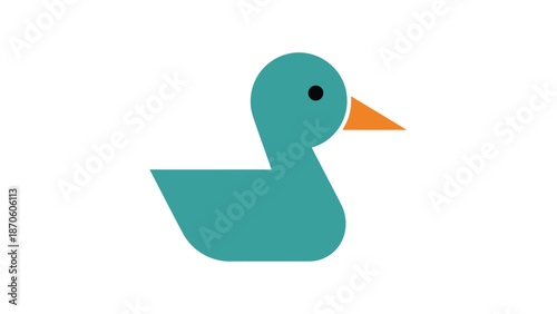 Simple geometric duck illustration with teal body and orange beak on white background.