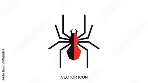 Geometric spider icon with red and black color scheme on white background.